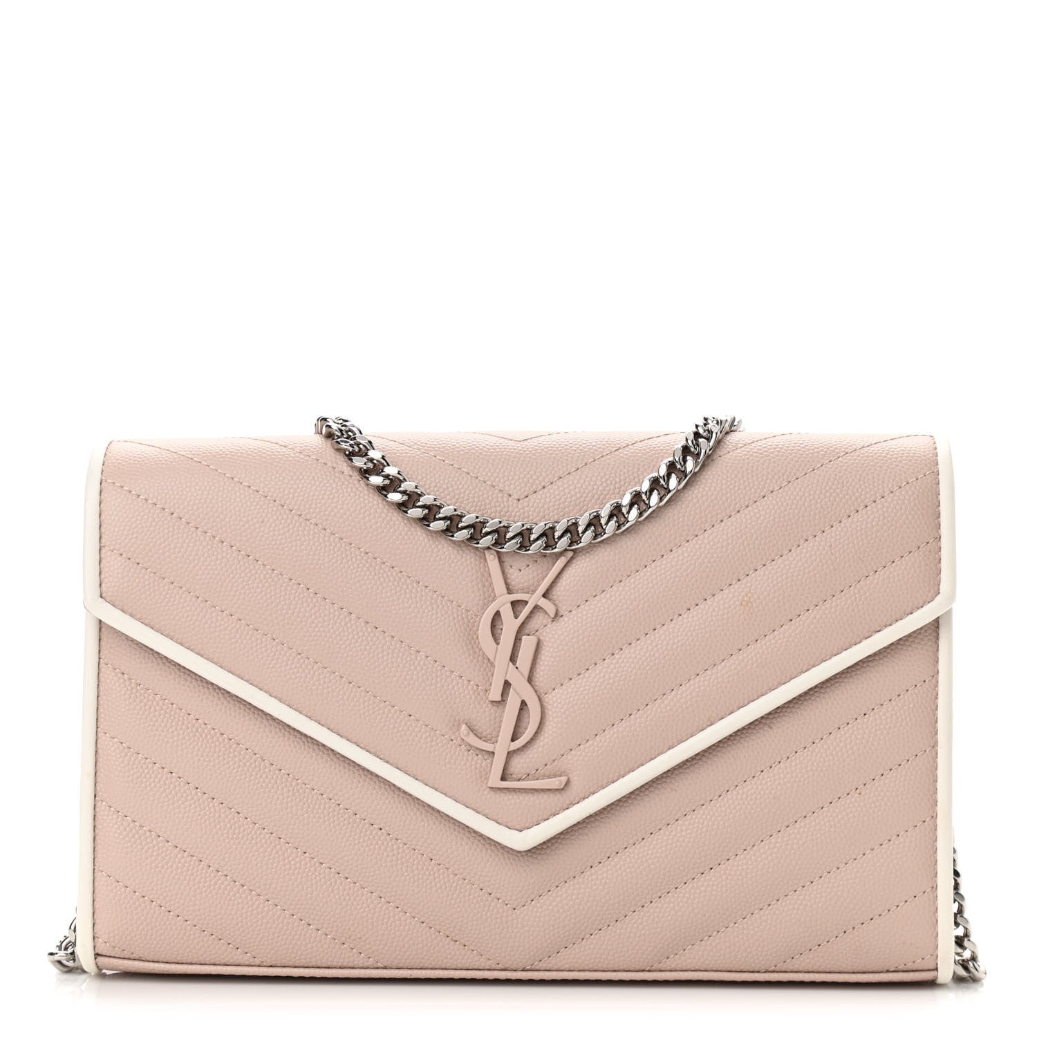 Saint Laurent Grain De Poudre Matelasse Chevron Monogram Chain Wallet Pink and White 1 of 10
