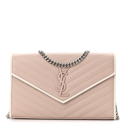 Saint Laurent Grain De Poudre Matelasse Chevron Monogram Chain Wallet Pink and White 1 of 10