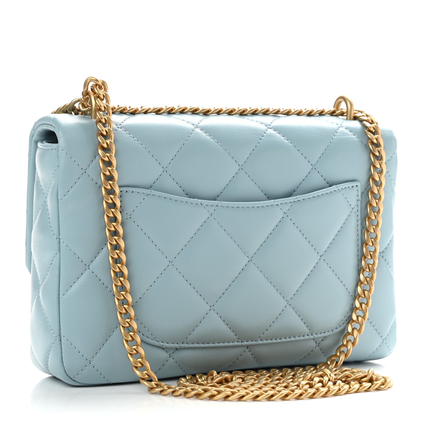 Lambskin Enamel Quilted Pending CC Mini Square Flap Light Blue