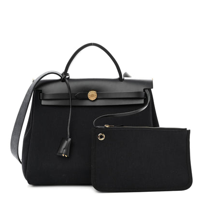 Hermes Military Toile Vache Hunter Herbag Zip Retourne 31 PM Bleu Marine Black 1 of 9