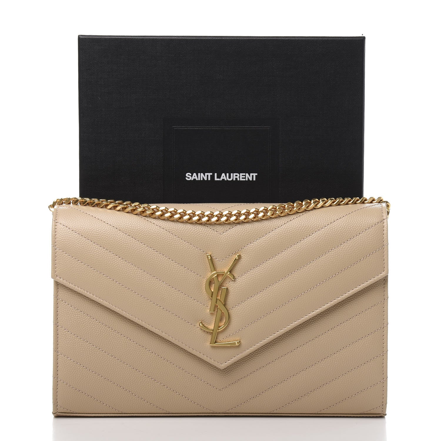 Saint Laurent Grain De Poudre Matelasse Chevron Monogram Chain Wallet Nude Powder 10 of 10