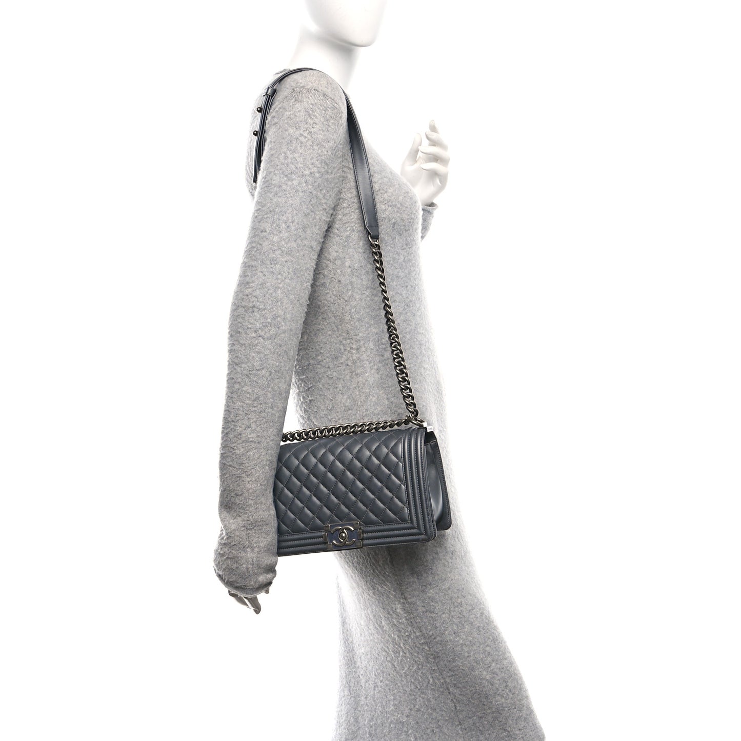 Metallic Calfskin Quilted Medium Boy Flap Dark Silver