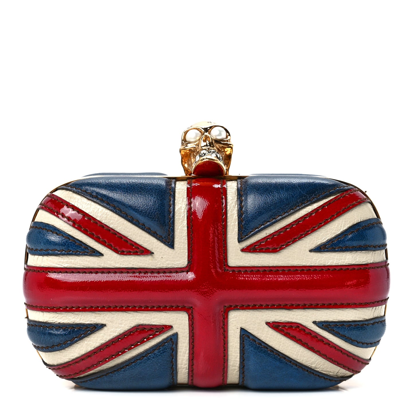 Patent Calfskin Britannia Skull Box Clutch Red Blue