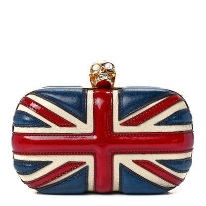 Alexander McQueen Patent Calfskin Britannia Skull Box Clutch Red Blue 1 of 11