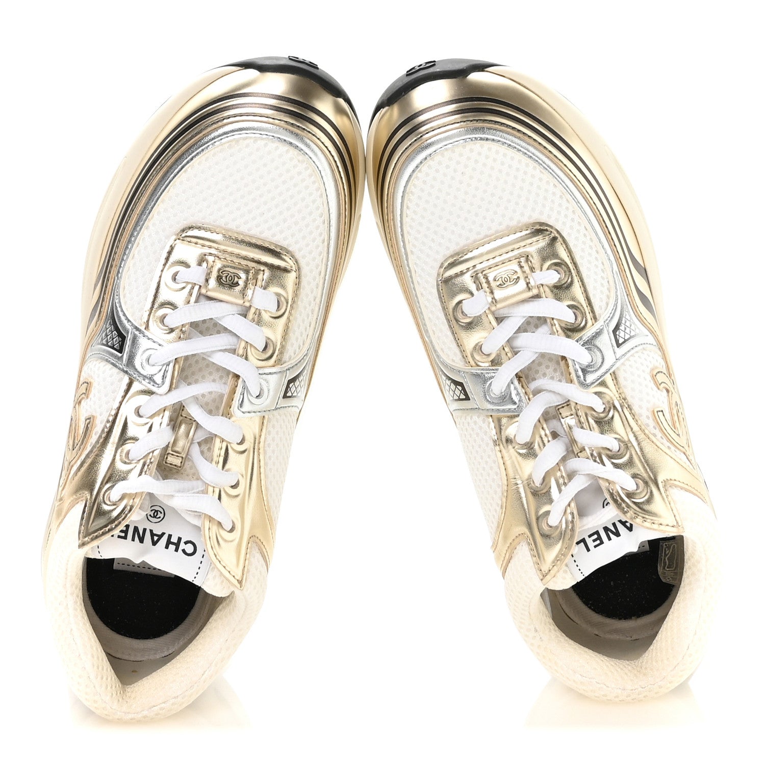 Chanel Fabric Laminated Calfskin Stretch CC Womens Sneakers 36.5 White Gold Silver 2 of 8