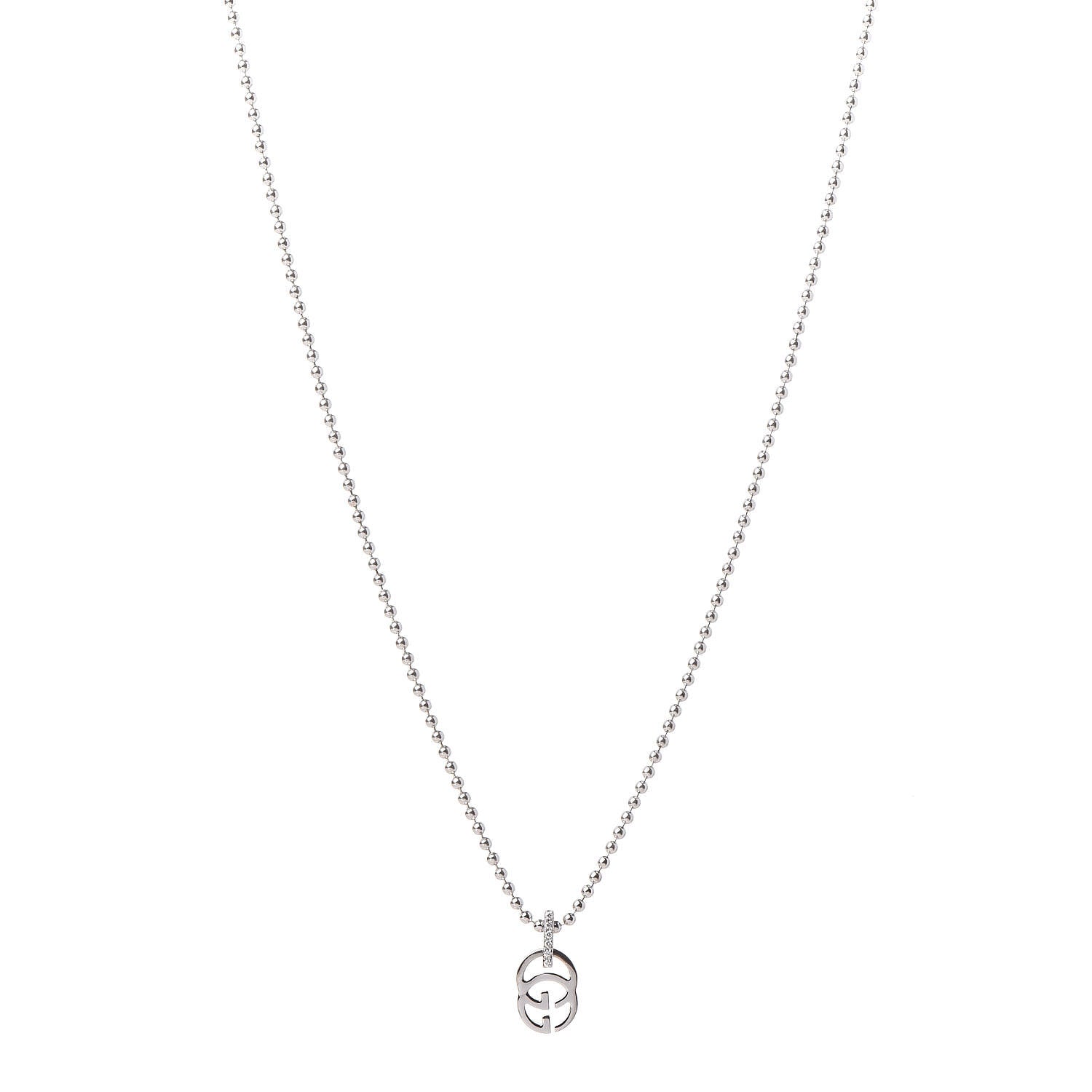 Gucci 18K White Gold Diamond Running GG Pendant Necklace 1 of 7