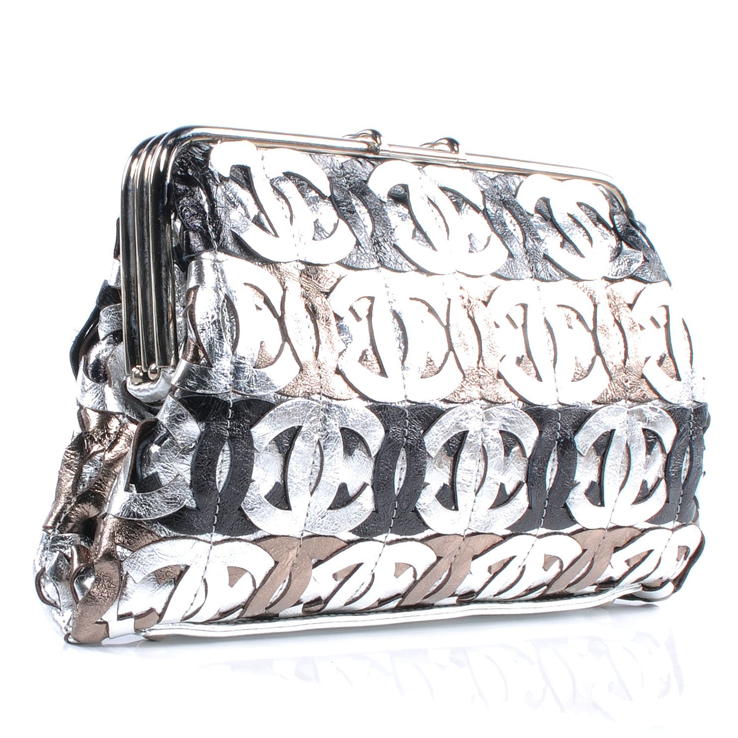 Calfskin Crackled CC Mix Frame Clutch Gold Silver