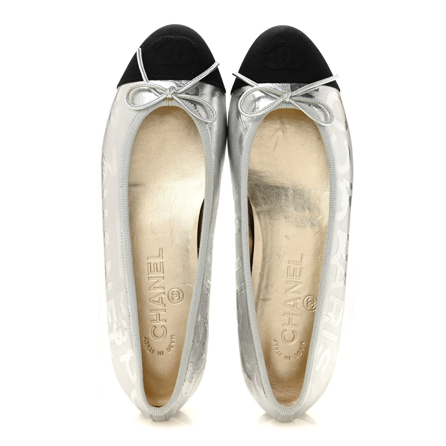 Laminated Goatskin Grosgrain Cap Toe CC Ballerina Flats 36 Silver Black