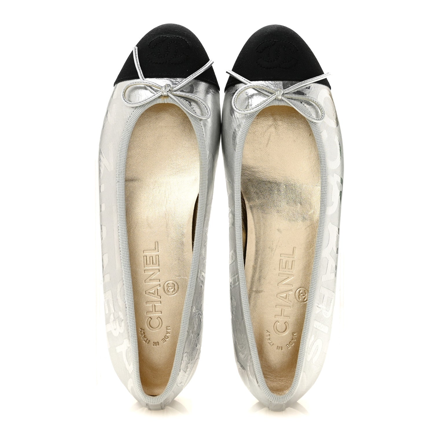 Chanel Laminated Goatskin Grosgrain Cap Toe CC Ballerina Flats 36 Silver Black 2 of 10