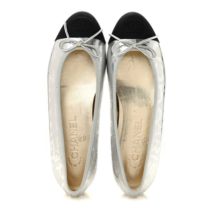 Chanel Laminated Goatskin Grosgrain Cap Toe CC Ballerina Flats 36 Silver Black 2 of 10