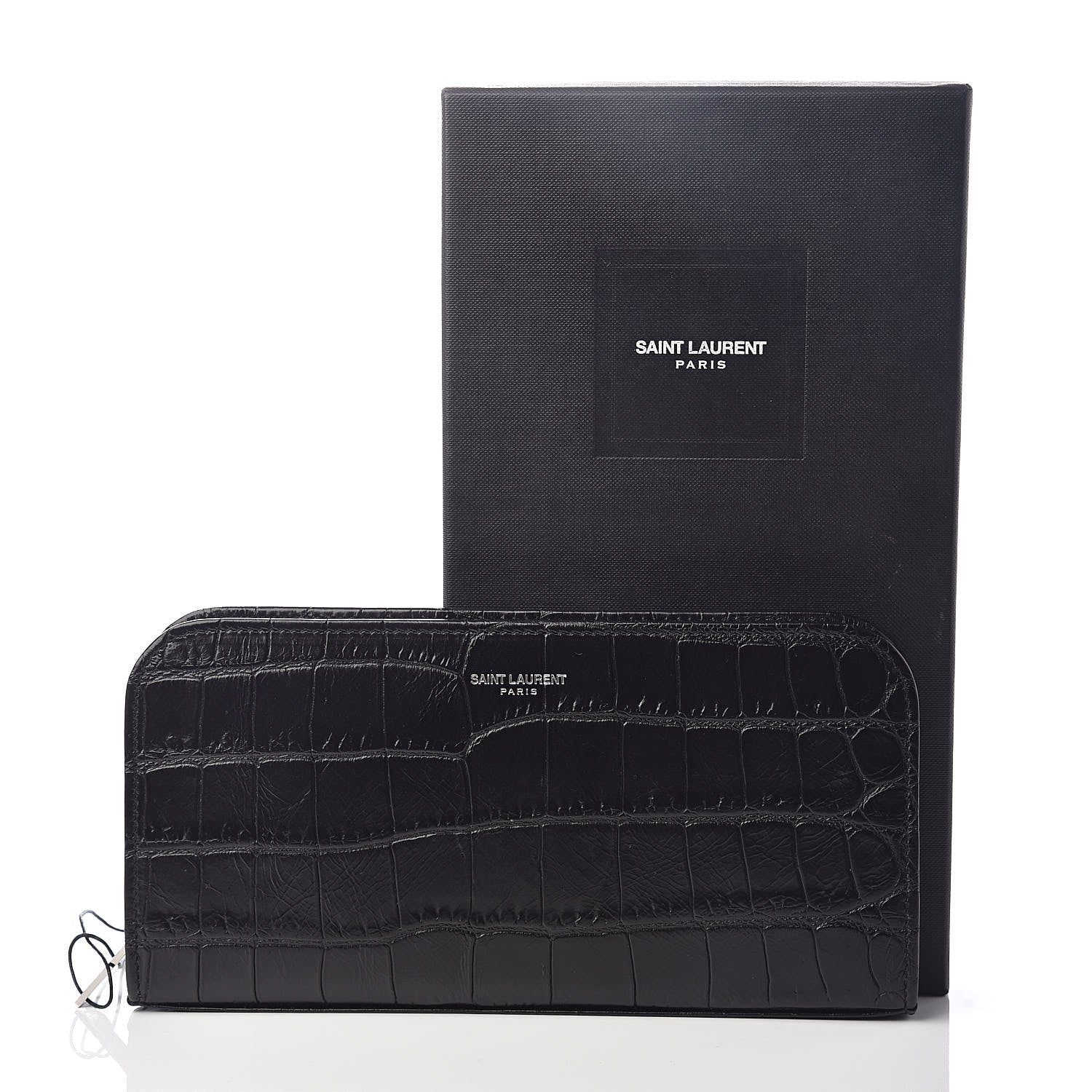 Saint Laurent Calfskin Crocodile Embossed Classic Zip Around Continental Wallet Black 9 of 9