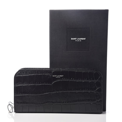 Saint Laurent Calfskin Crocodile Embossed Classic Zip Around Continental Wallet Black 9 of 9