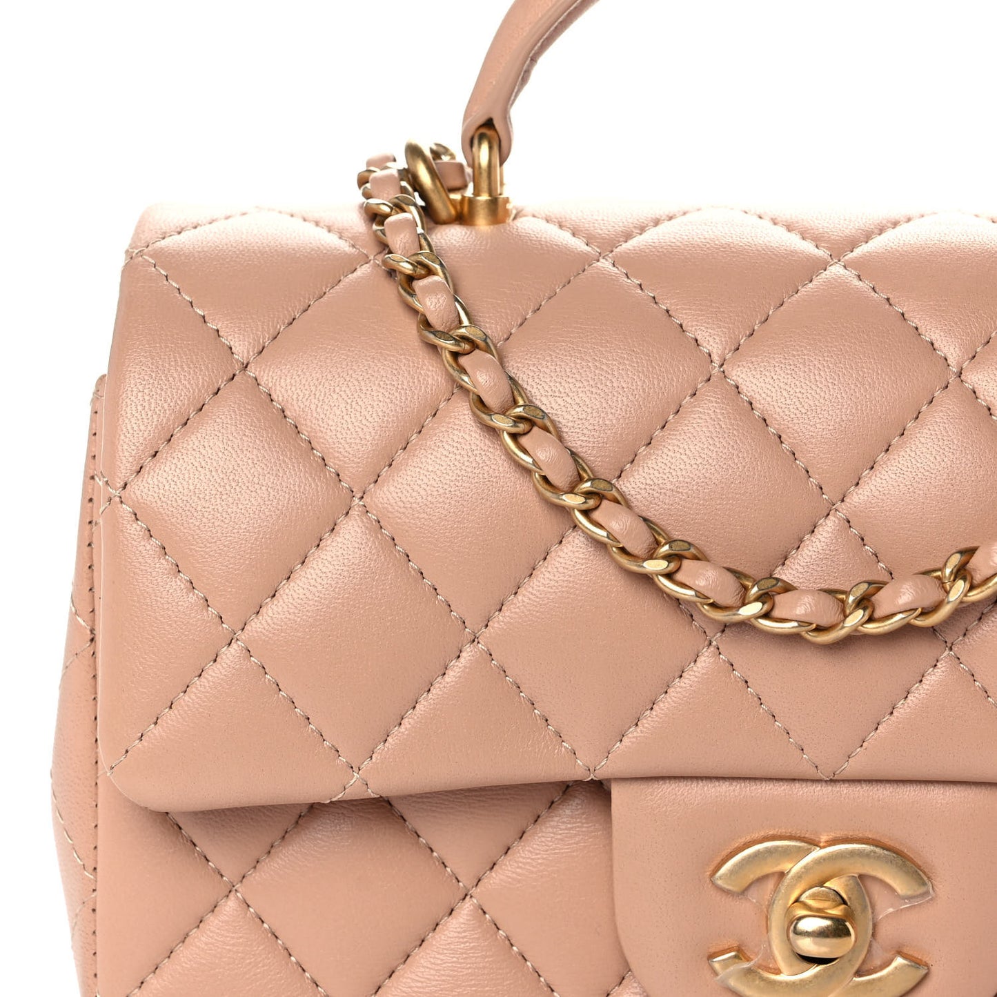 Lambskin Quilted Mini Top Handle Rectangular Flap Beige