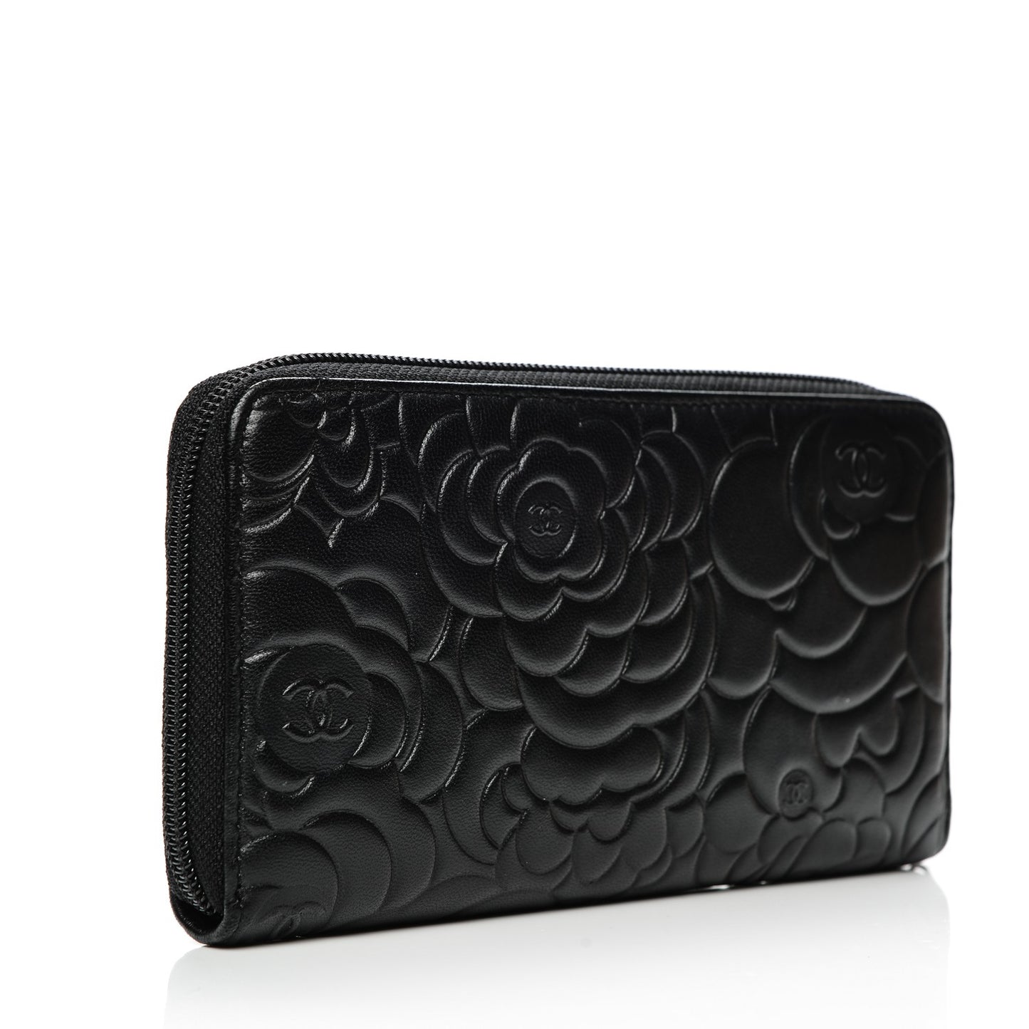Lambskin Camellia Embossed Large Zip Around Gusset Wallet Black