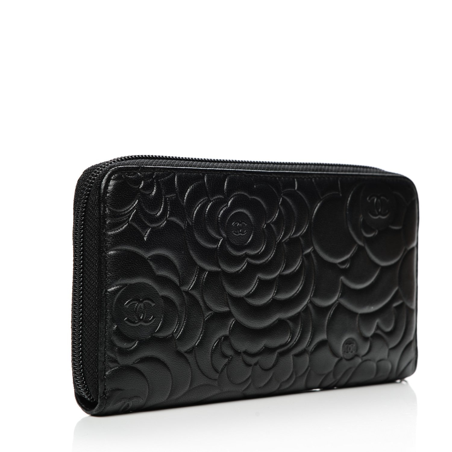 Chanel Lambskin Camellia Embossed Large Zip Around Gusset Wallet Black 3 of 8