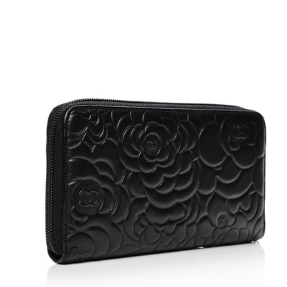 Chanel Lambskin Camellia Embossed Large Zip Around Gusset Wallet Black 3 of 8