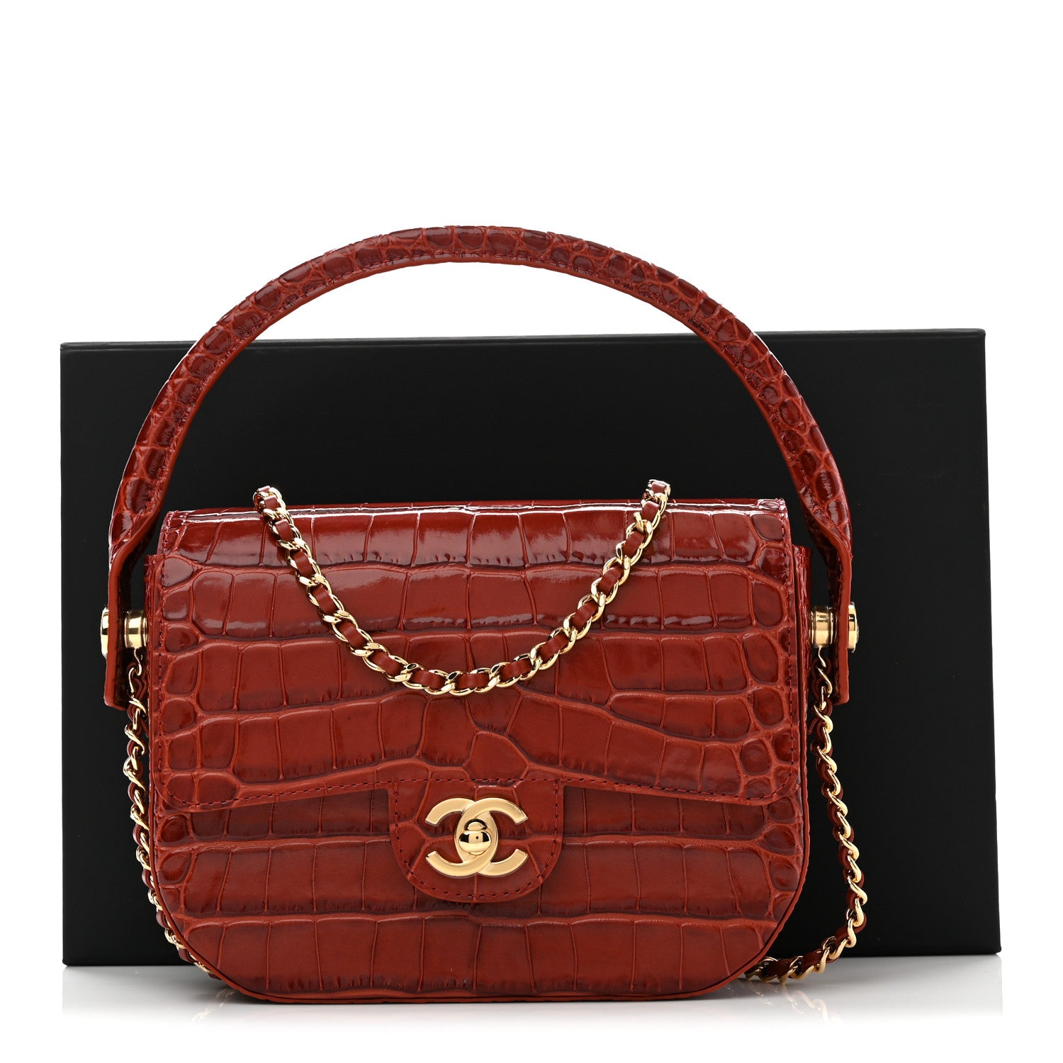Chanel Calfskin Crocodile Embossed Turn Around Mini Flap Burgundy