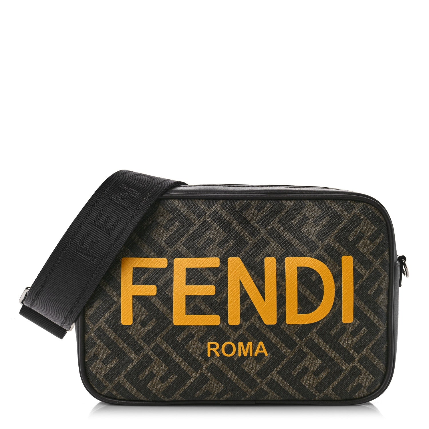 Fendi Shiny Glazed Fabric Vitello Cover FF 1974 Logo Medium Camera Case Tobacco Moro Giallo Ebano 1 of 9