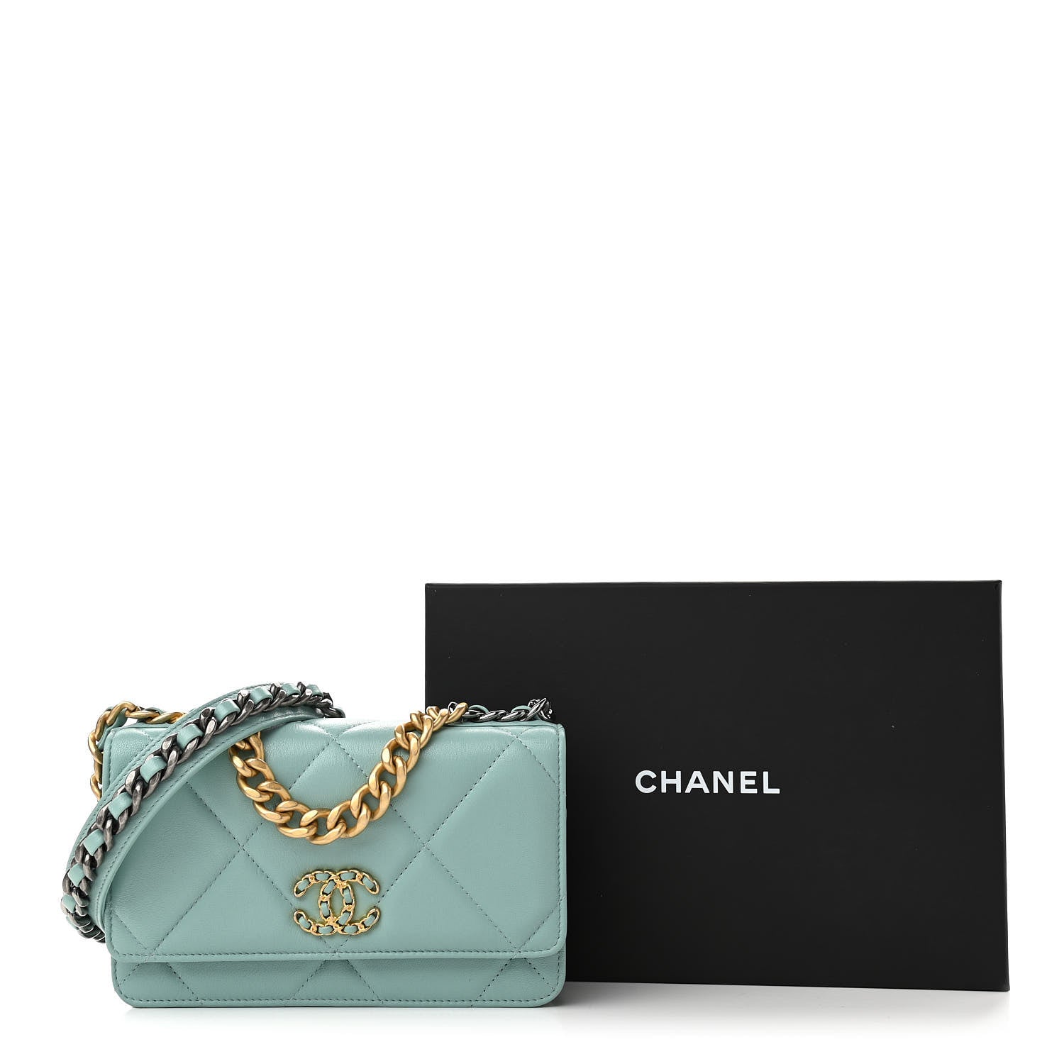 Chanel Lambskin Quilted Chanel 19 Wallet On Chain WOC Light Blue 13 of 13