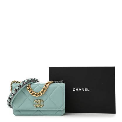 Chanel Lambskin Quilted Chanel 19 Wallet On Chain WOC Light Blue 13 of 13
