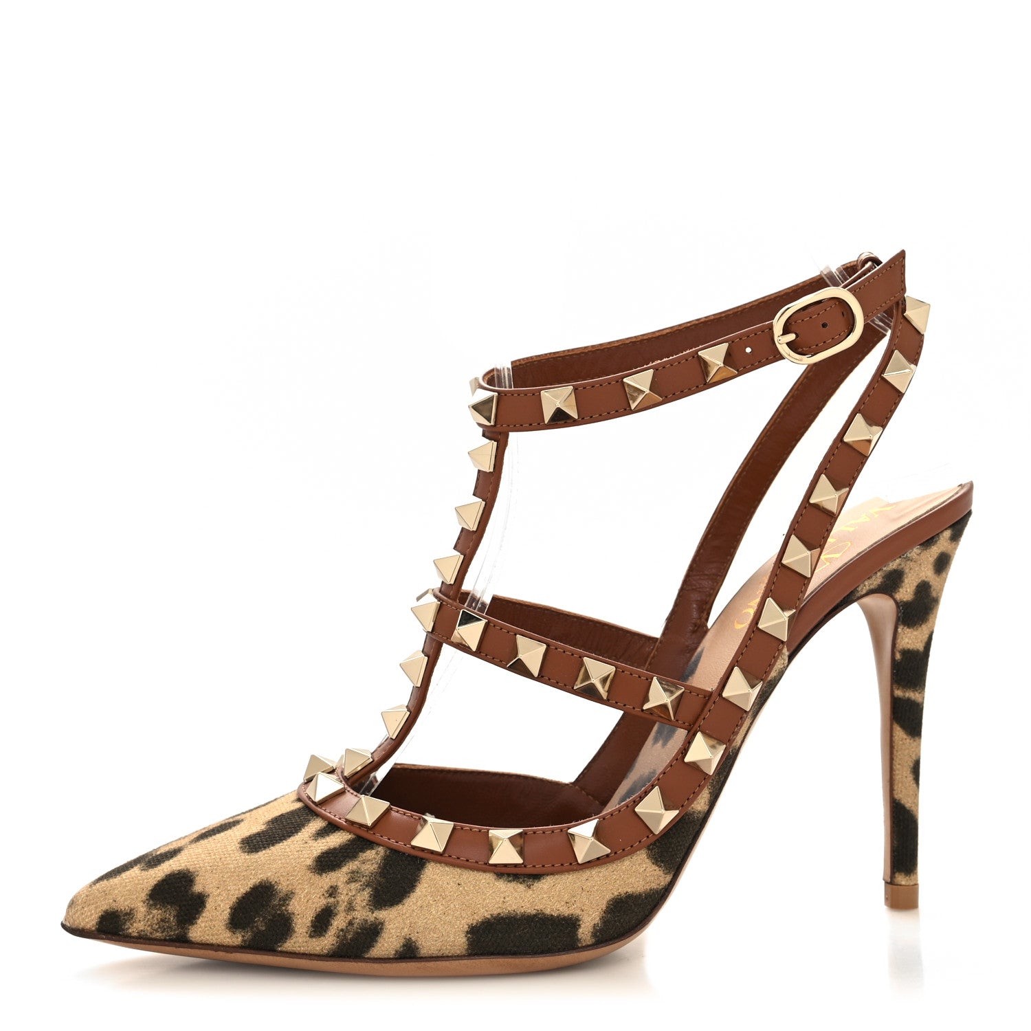 Valentino Garavani Canvas Leopard Print Rockstud Ankle Strap 100mm Pumps 36.5 Brown 1 of 7