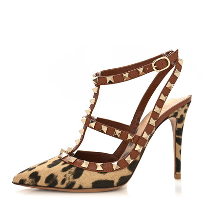 Valentino Garavani Canvas Leopard Print Rockstud Ankle Strap 100mm Pumps 36.5 Brown 1 of 7