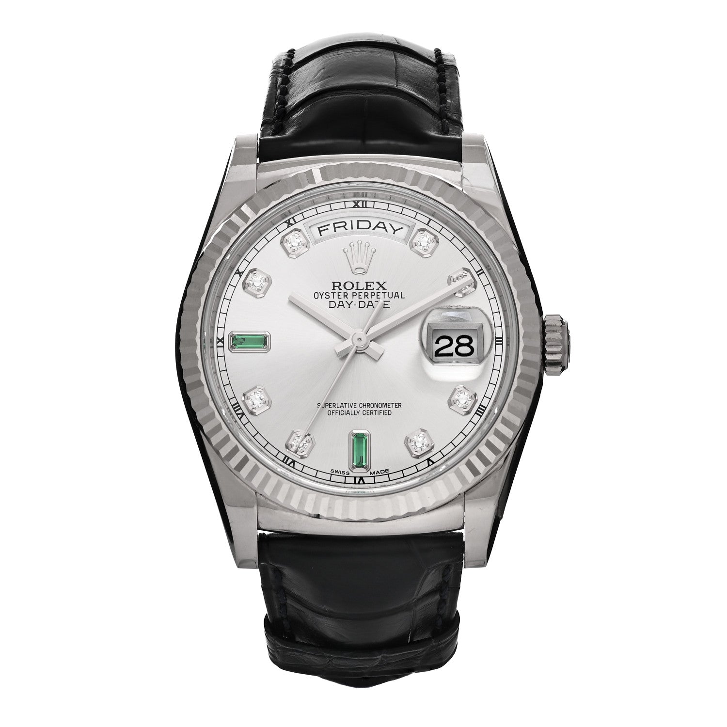 Rolex 18K White Gold Alligator Diamond Emerald 36mm Day-Date Watch Silver 118139 1 of 4