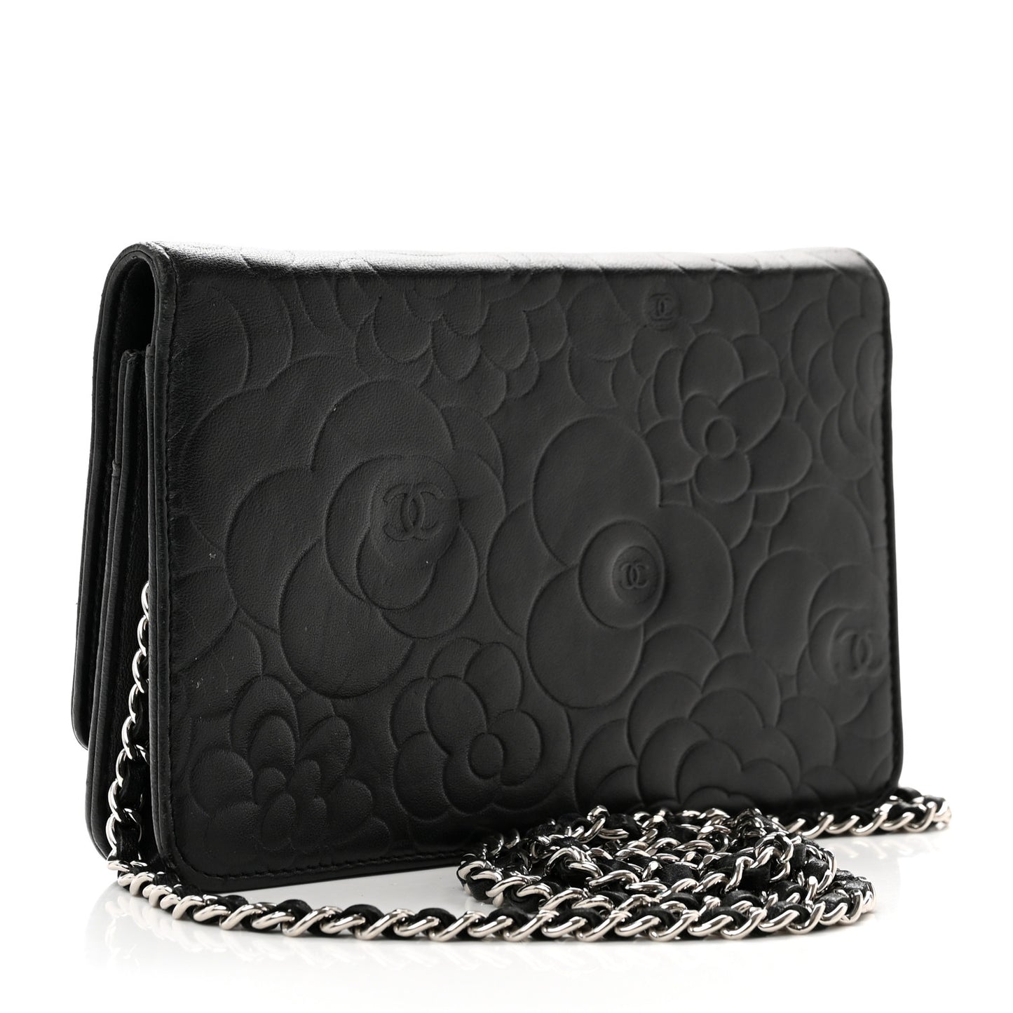 Lambskin Camellia Embossed Wallet On Chain WOC Black