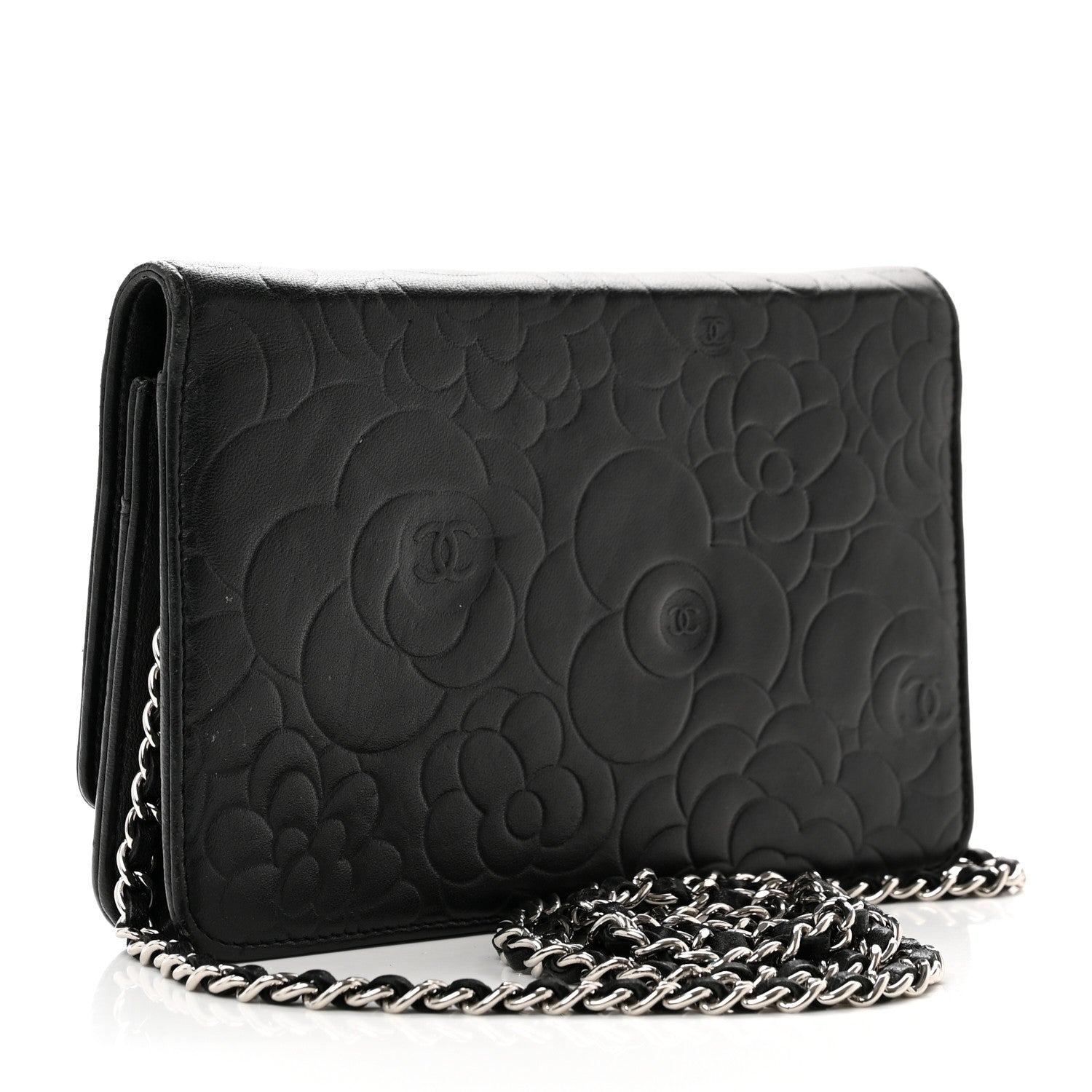 Chanel Lambskin Camellia Embossed Wallet On Chain WOC Black 3 of 9