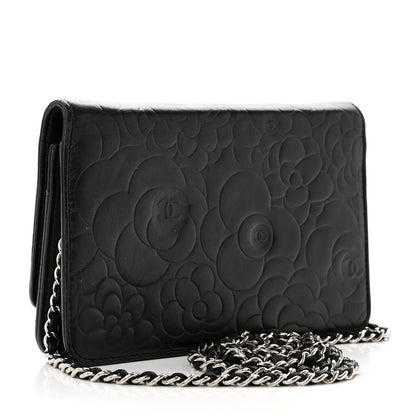 Chanel Lambskin Camellia Embossed Wallet On Chain WOC Black 3 of 9