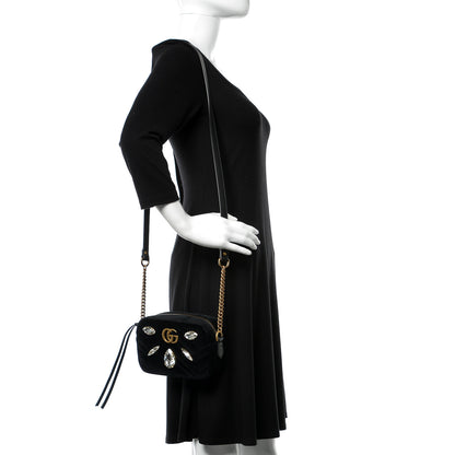 Gucci Velvet Matelasse Marquise Crystals Mini GG Marmont Chain Shoulder Bag Black 2 of 10