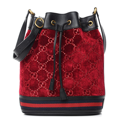 Gucci Velvet GG Monogram Textured Calfskin Web Bucket Bag Red Cipria Black 1 of 12