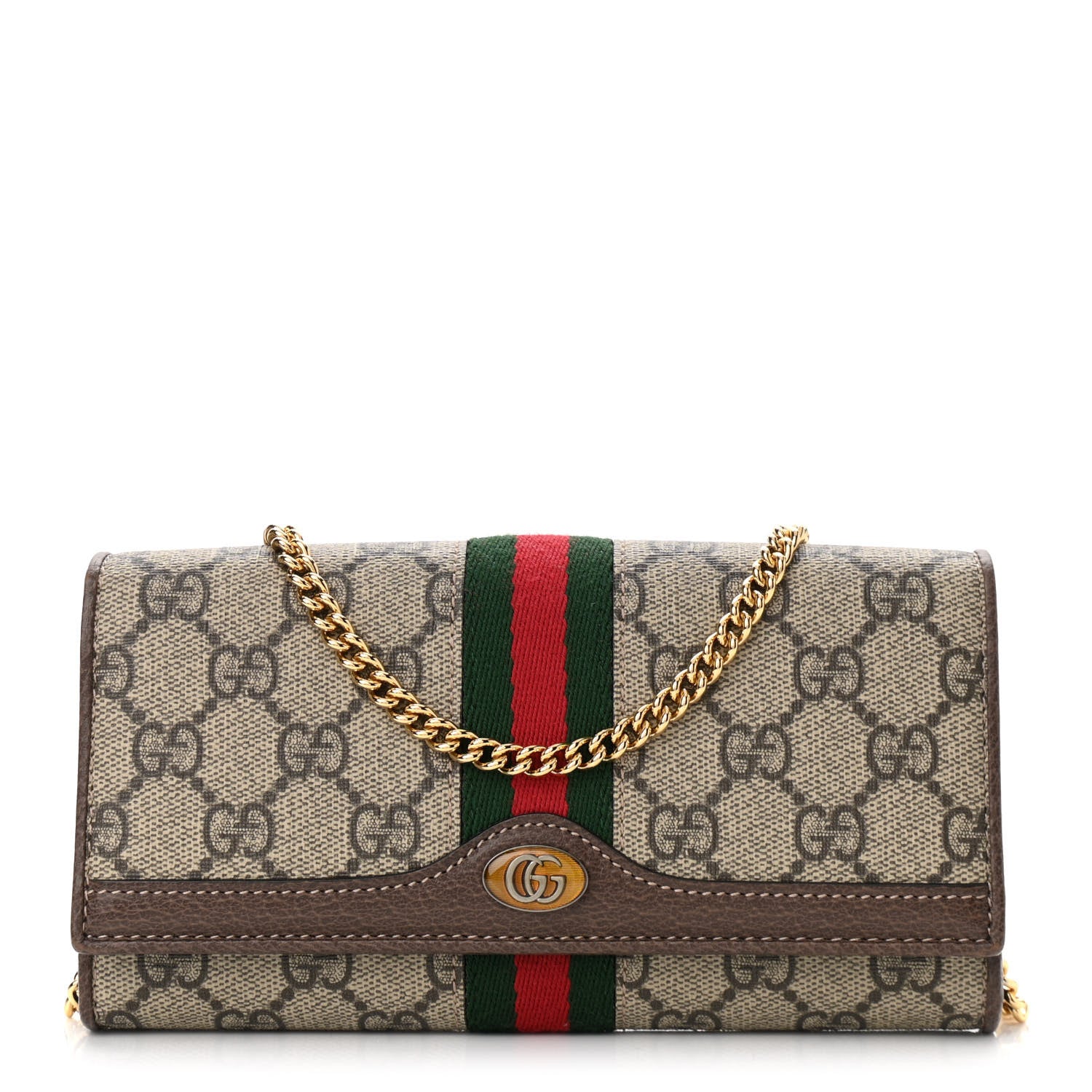 Gucci GG Supreme Monogram Web Ophidia Wallet On Chain Brown 1 of 12