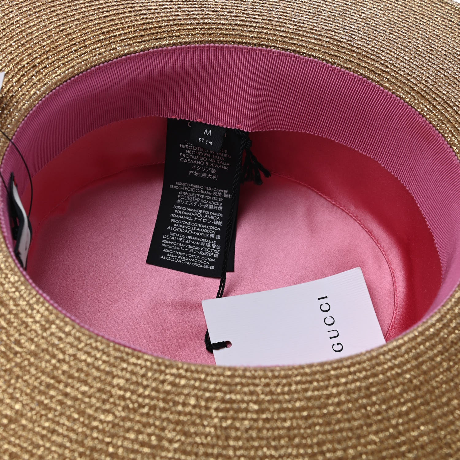 Gucci Glittered Straw Grosgrain Wide Brim Hat M Gold Black 4 of 4