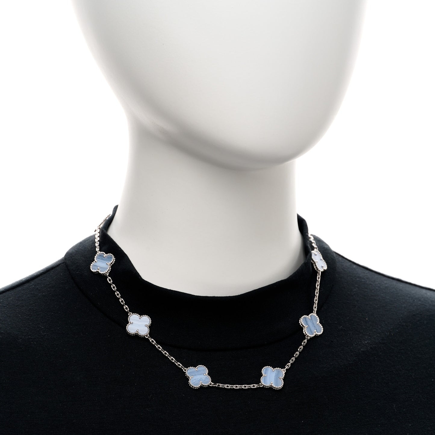 18K White Gold Chalcedony 10 Motifs Vintage Alhambra Necklace