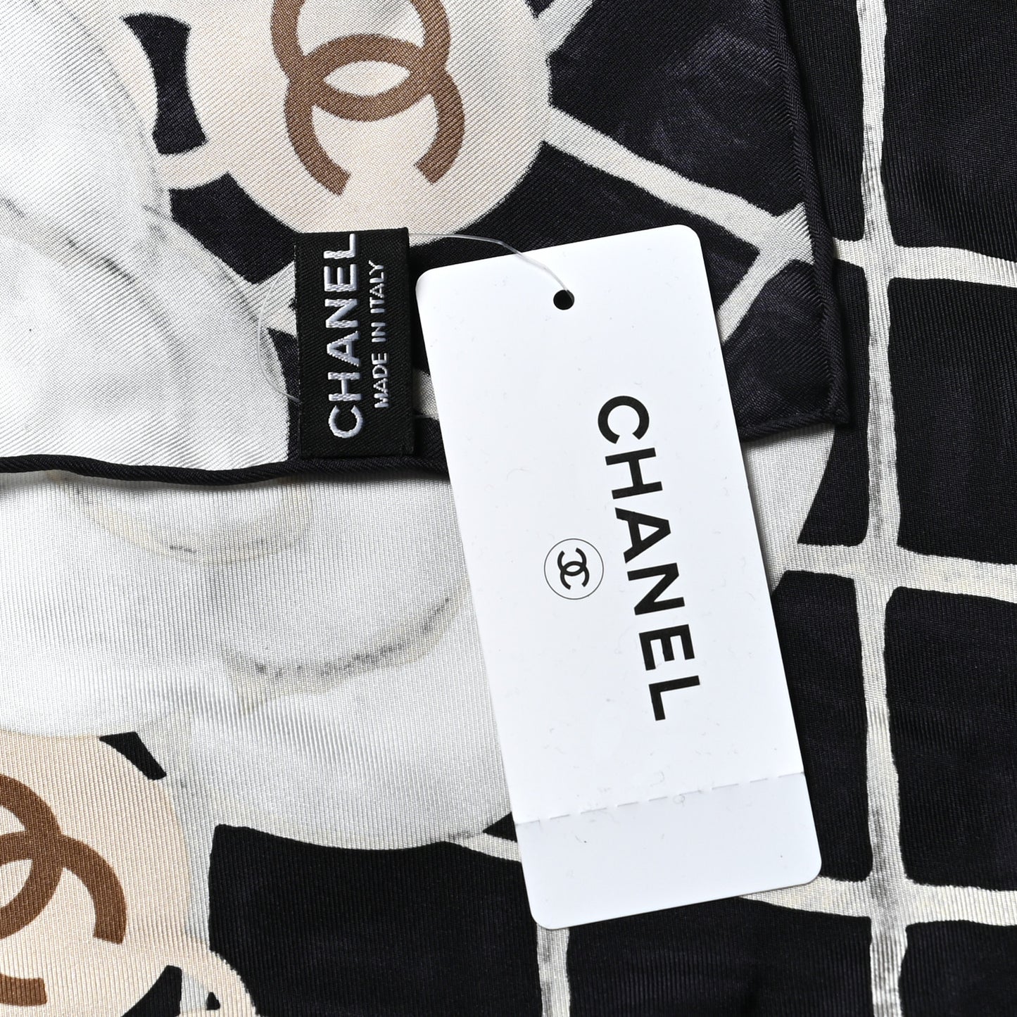 Silk CC Logo Camellia Scarf White Black