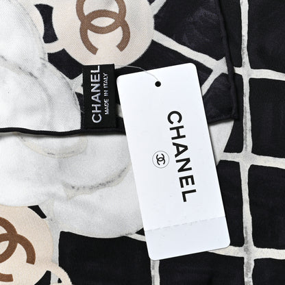 Chanel Silk CC Logo Camellia Scarf White Black 3 of 3