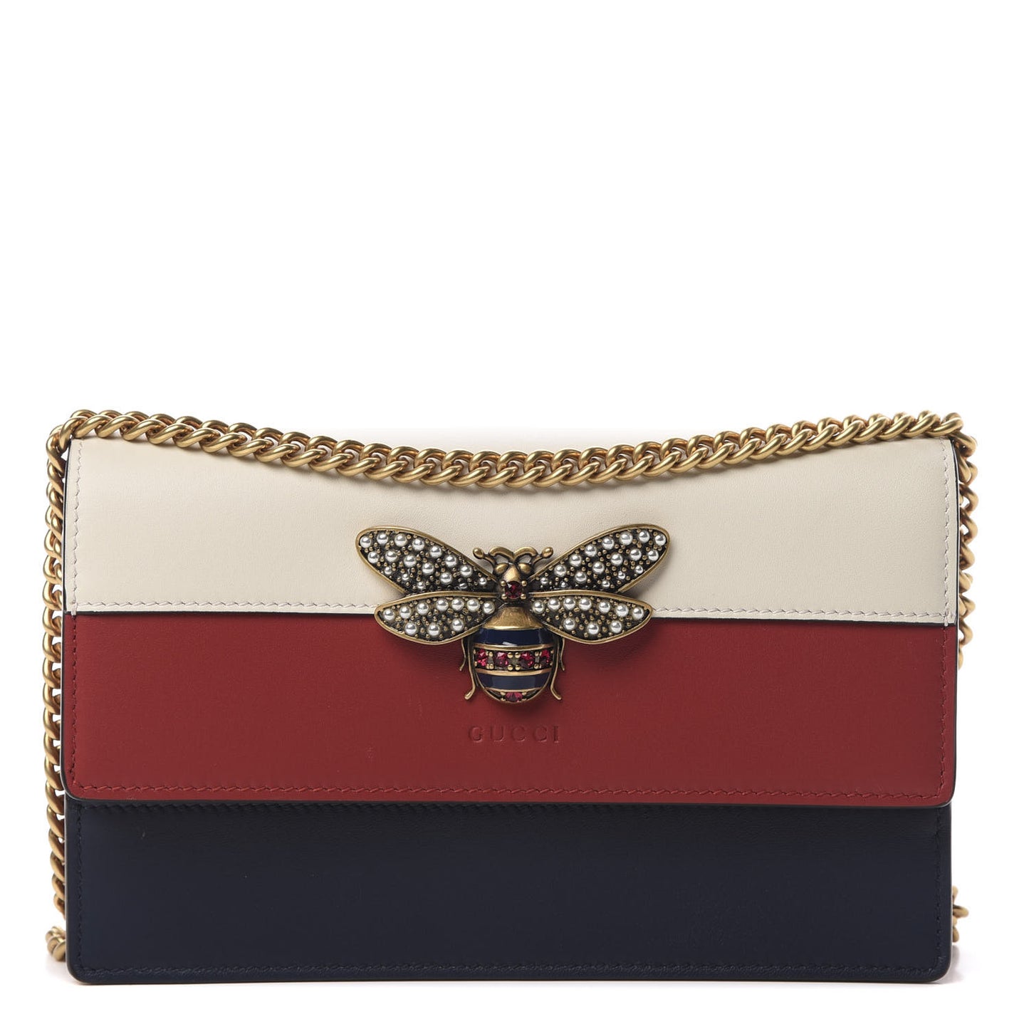 Calfskin Queen Margaret Chain Wallet Blue Agata Hibiscus Red Mystic White