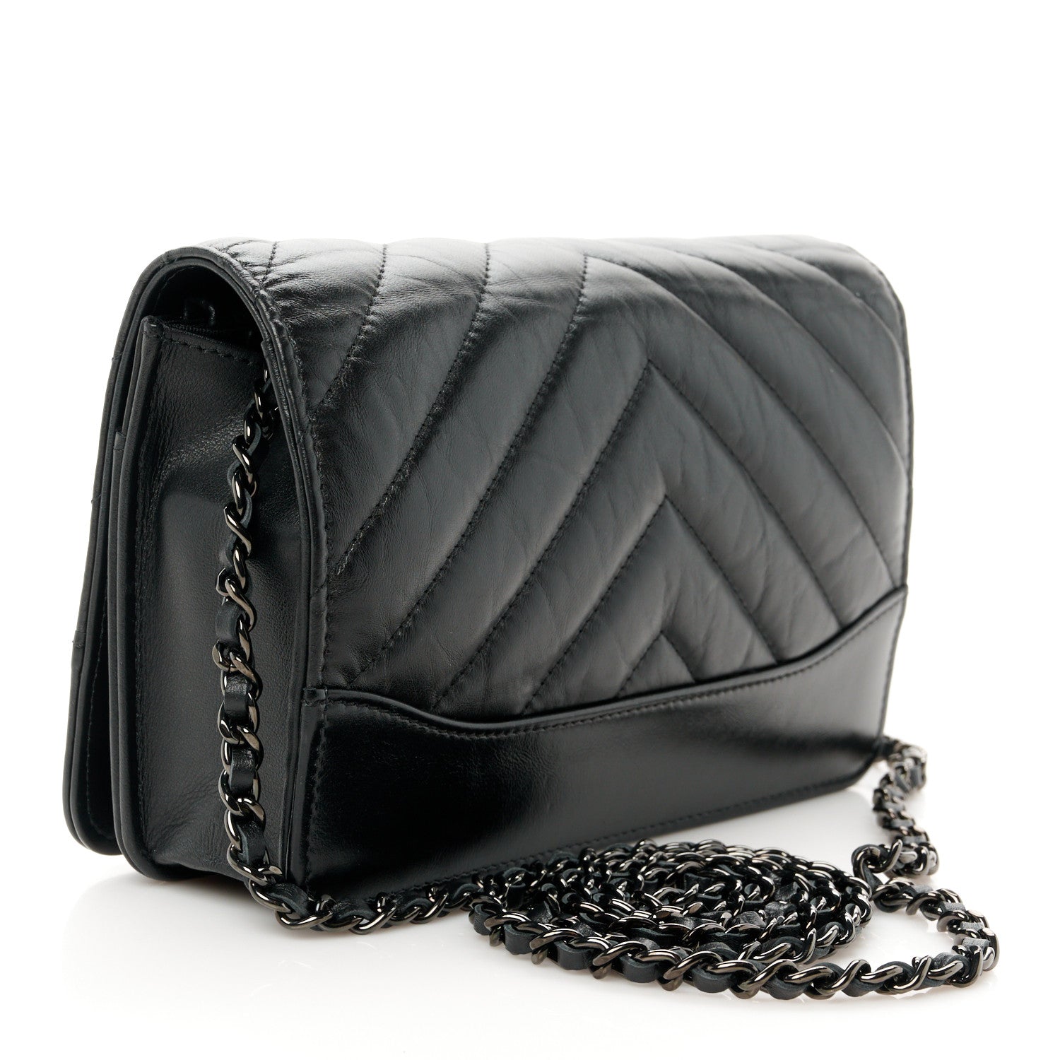 Chanel Aged Calfskin Chevron Quilted Gabrielle Wallet On Chain WOC Black 3 of 13