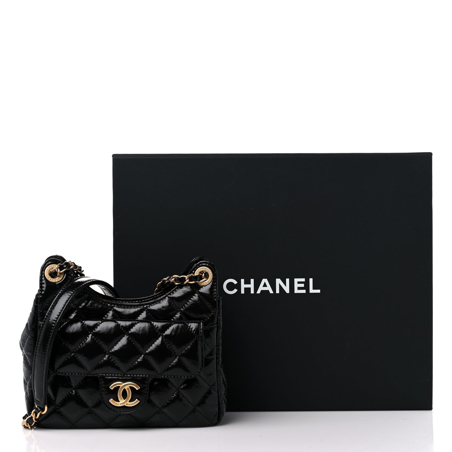 Shiny Crumpled Calfskin Quilted Small Wavy CC Hobo Black
