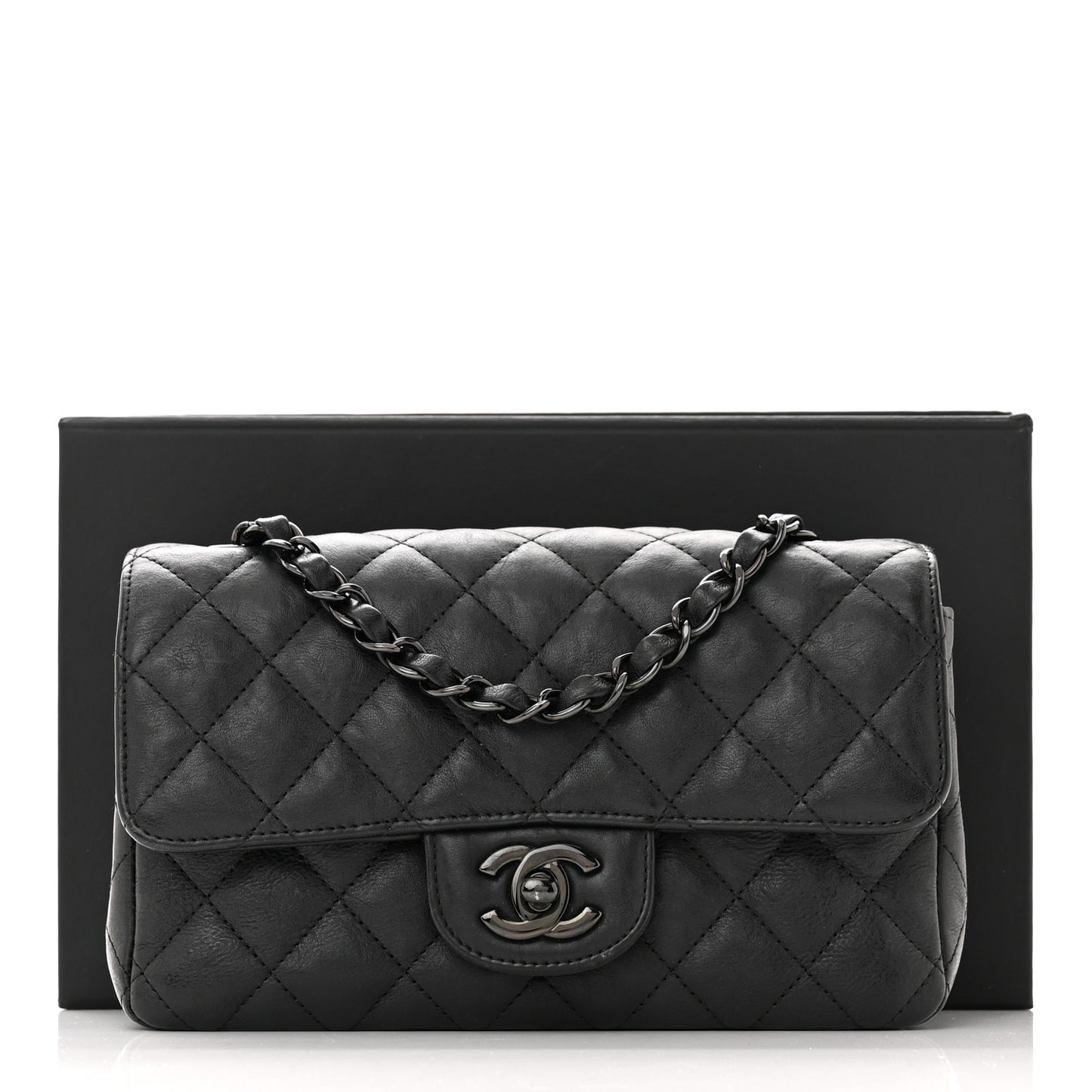Crumpled Calfskin Quilted Mini Rectangular Flap So Black