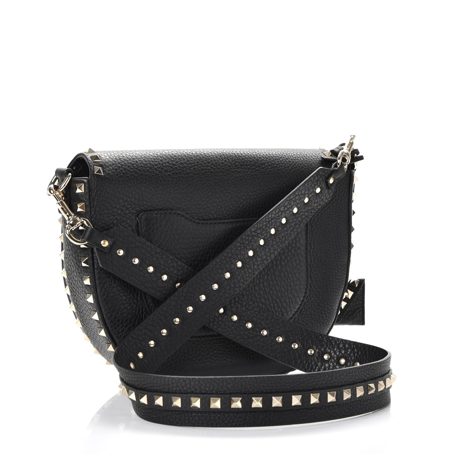Grained Calfskin Rockstud Halfmoon Saddle Bag Black