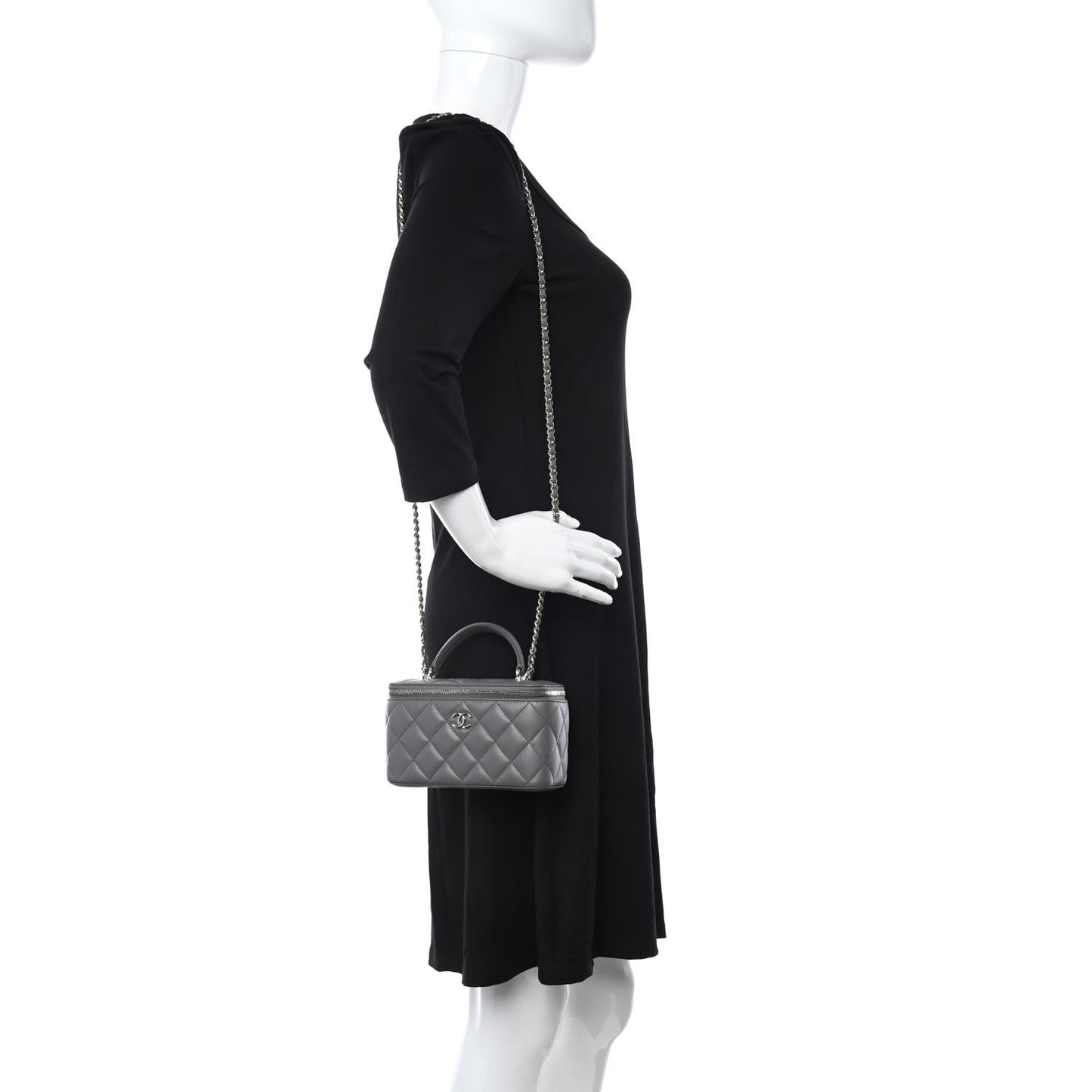 Lambskin Quilted Small Top Handle Vanity Case With Chain Dark Grey