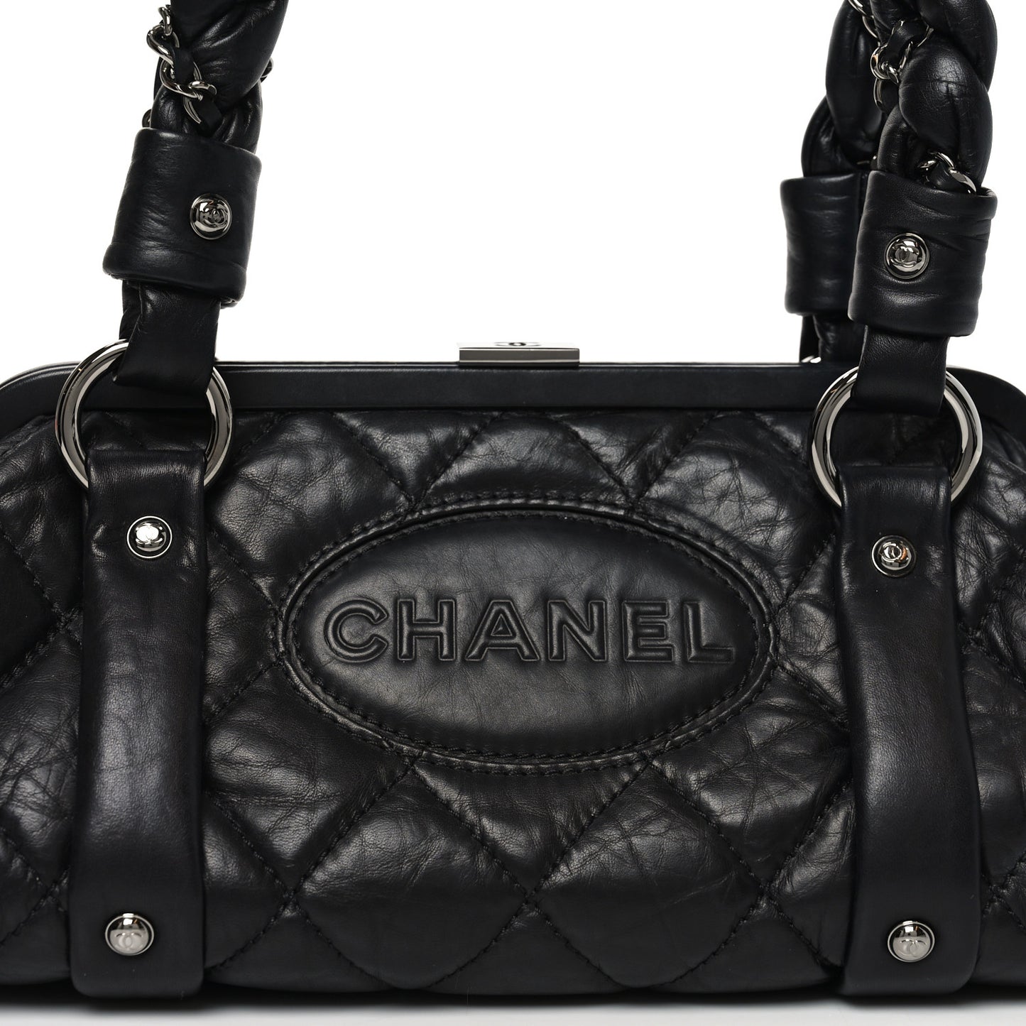Distressed Lambskin Lady Braid Frame Bowler Black