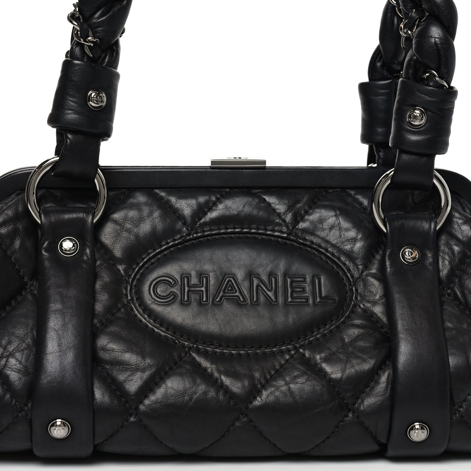 Chanel Distressed Lambskin Lady Braid Frame Bowler Black 8 of 10