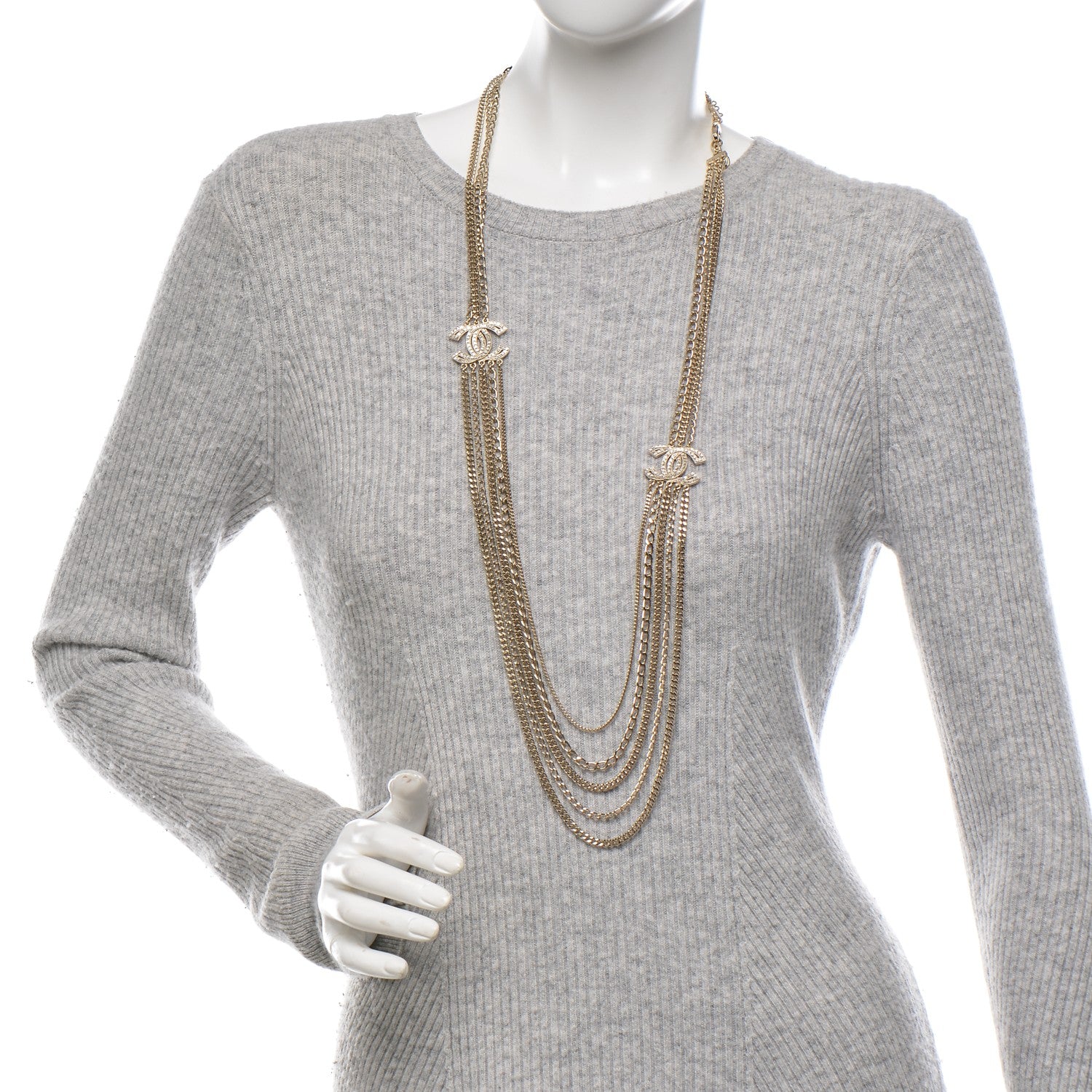 Chanel Multi Strand Chain Baguette Crystal CC Necklace Gold 2 of 5