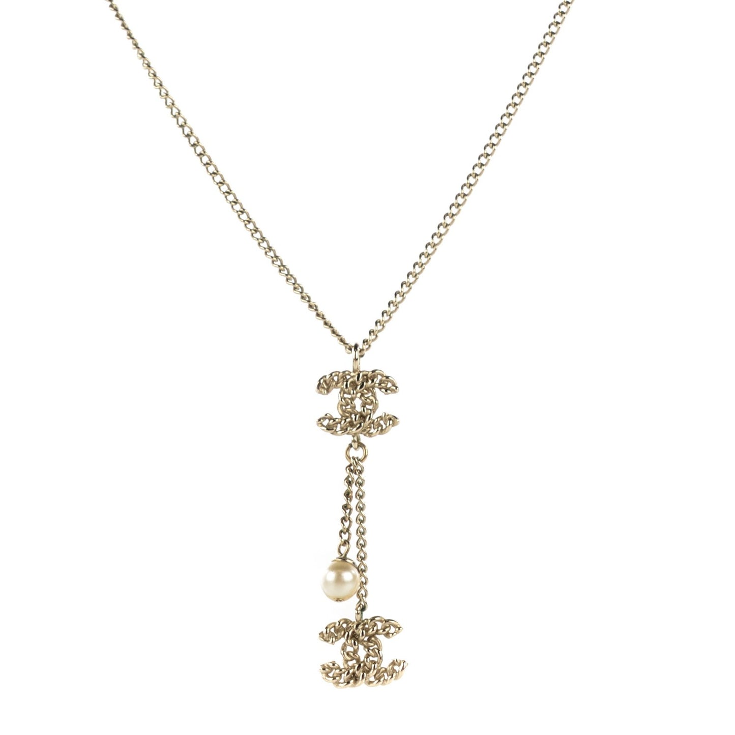 Chain Pearl CC Pendant Necklace Light Gold