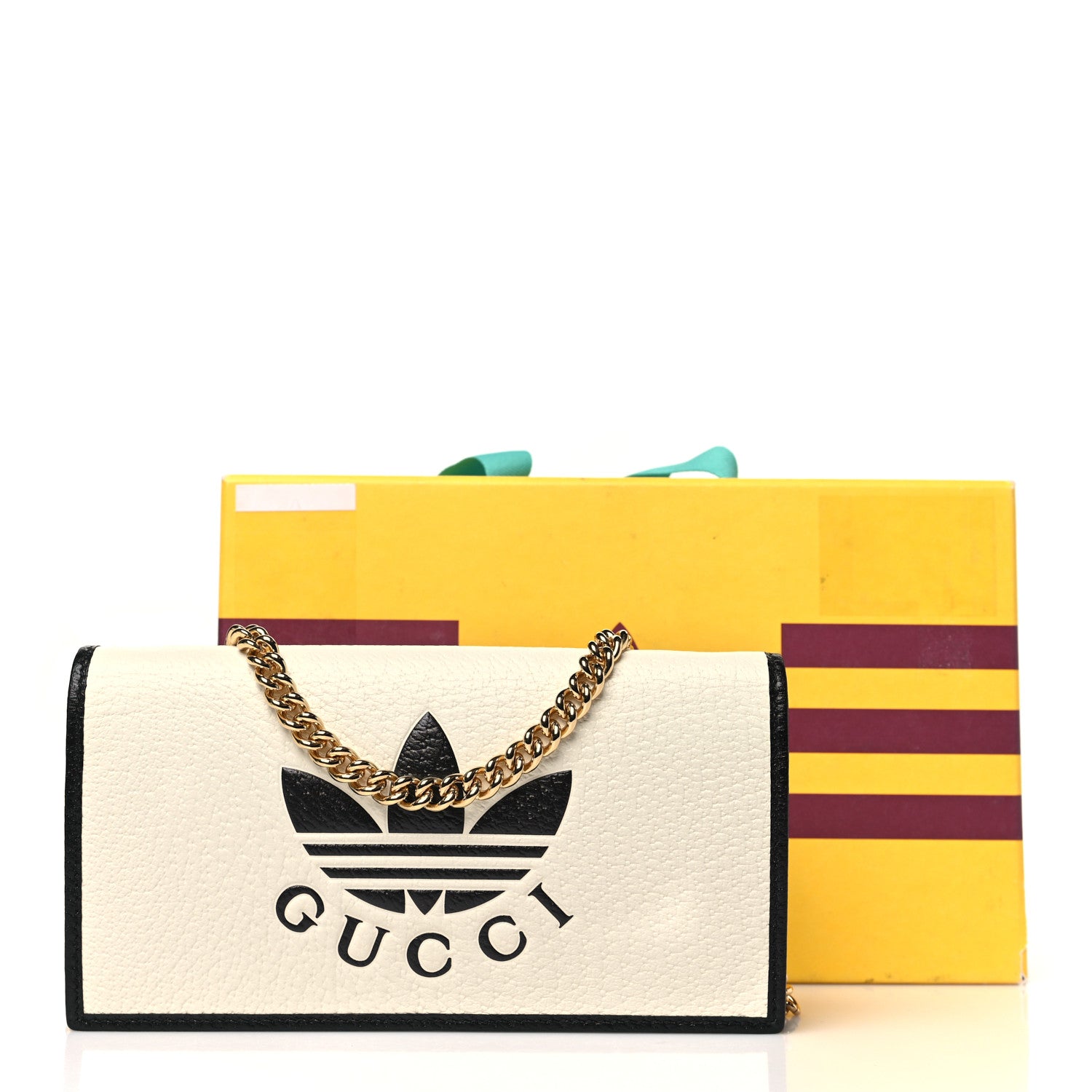 Gucci X ADIDAS Textured Dollar Calfskin Trefoil Embossed Wallet On Chain Off White Black 11 of 11