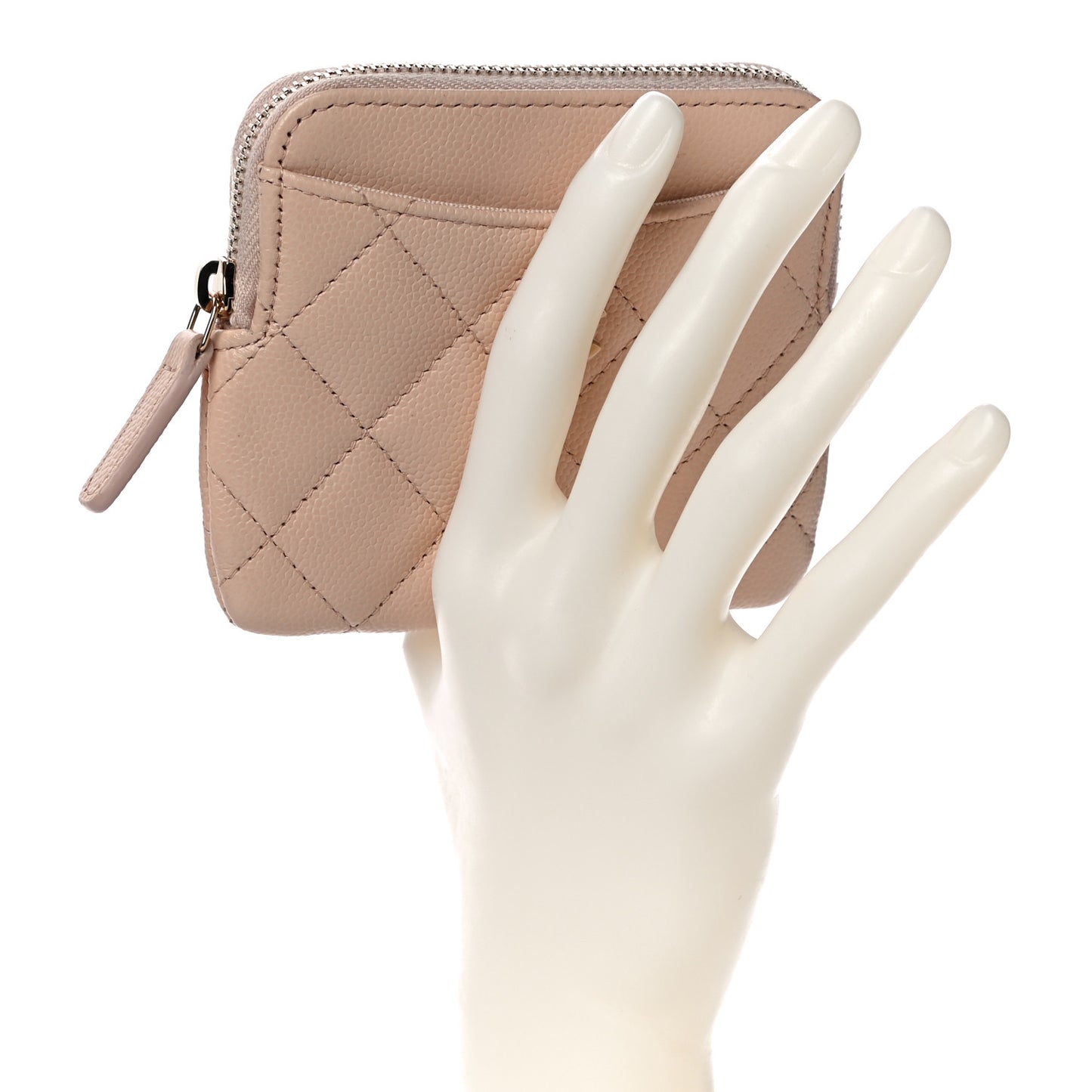Caviar Quilted Zip Card Holder Wallet Light Beige