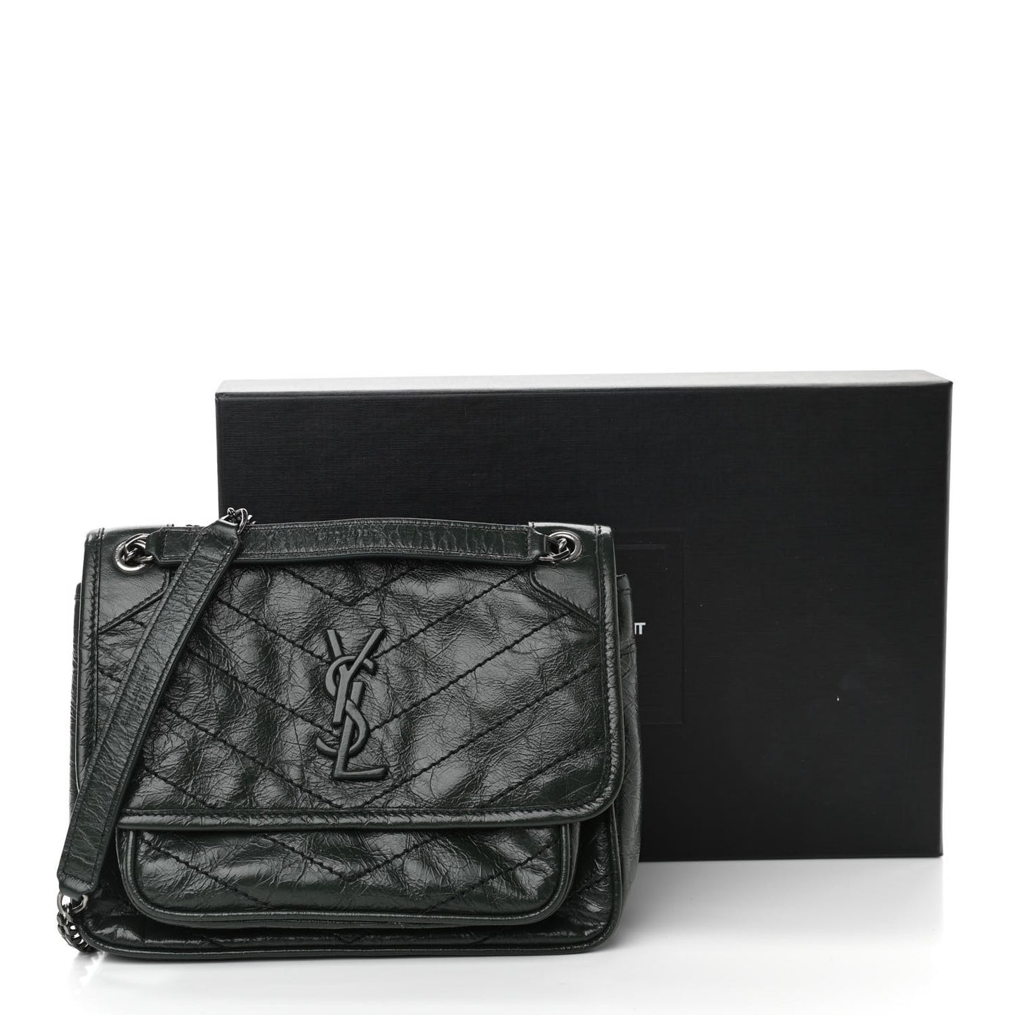 Crinkled Calfskin Matelasse Monogram Baby Niki Chain Satchel Dark Green